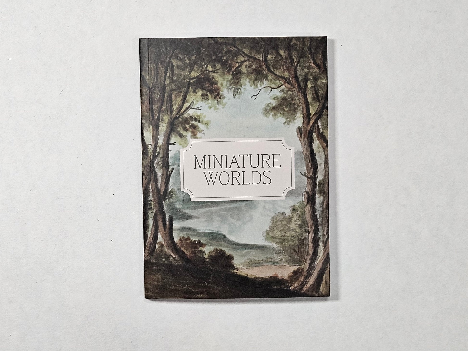 Book titled 'Miniature Worlds' with a nature-themed cover on a white background