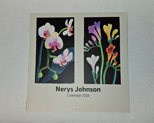 Calendar cover with floral designs and 'Nerys Johnson' branding on a light gray background