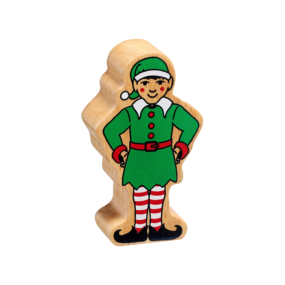 Wooden elf figurine with green outfit and red accents on a white background