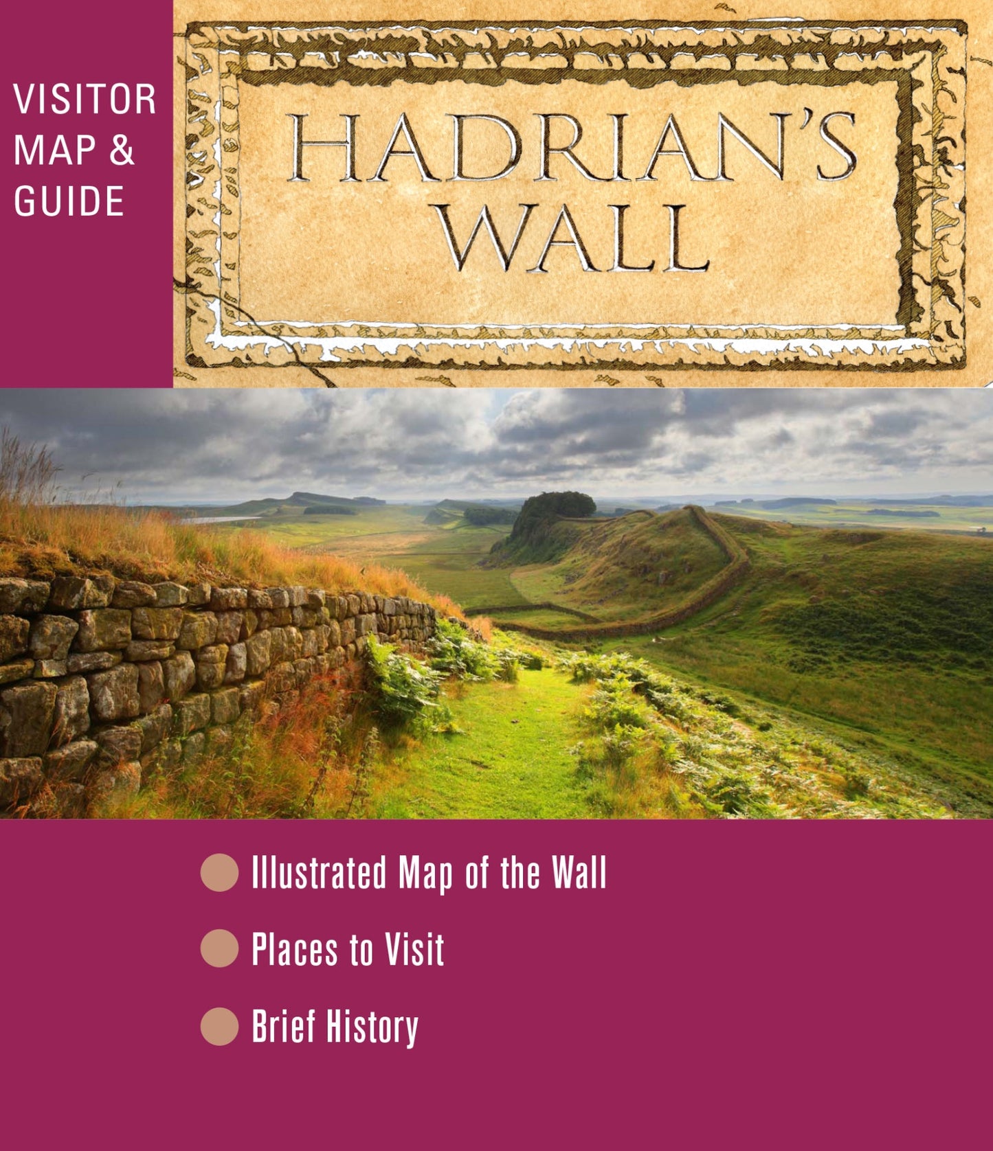 Hadrian's Wall visitor map and guide with a scenic view of the wall.