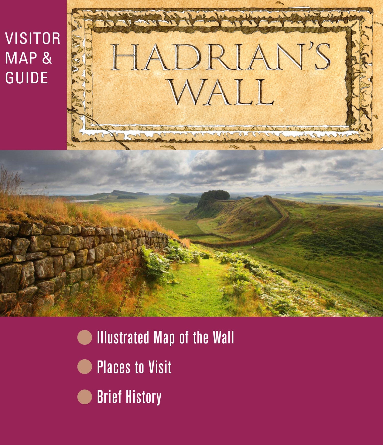 Hadrian's Wall visitor map and guide with a scenic view of the wall.