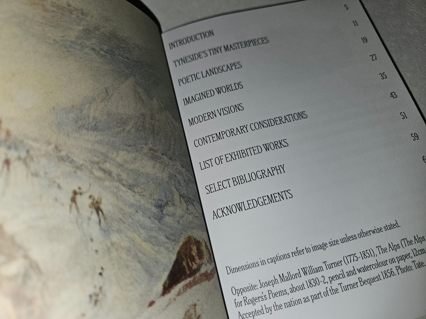 Book open to a page with a table of contents and a painting on the left side.